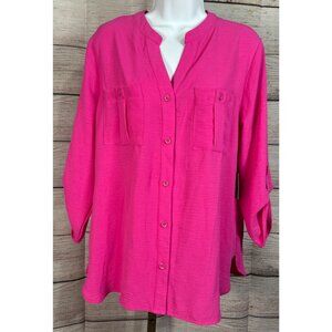 3rd + Malt Women’s Hot Pink Button Down V-Neck Roll Tab Sleeve Blouse XL